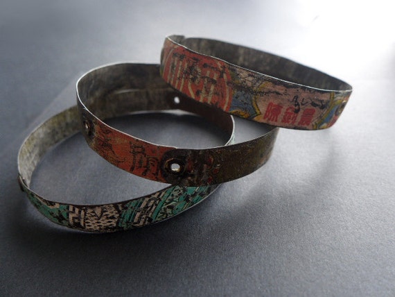 Bricolage 1. Riveted tin bangles. Set of three. Salvaged colorful vintage.
