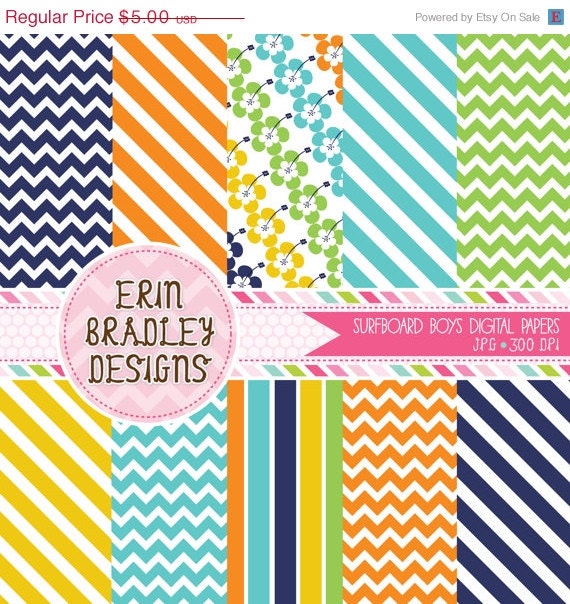50% OFF Surfboard Boys Striped Digital Paper Pack Personal & Commercial Use INSTANT DOWNLOAD Il_570xn