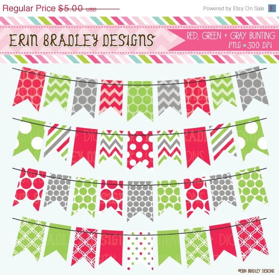50% OFF SALE Holiday Red Green and Gray Bunting Banner Flag Clipart Clip Art Set Personal & Commercial Use Il_570xn