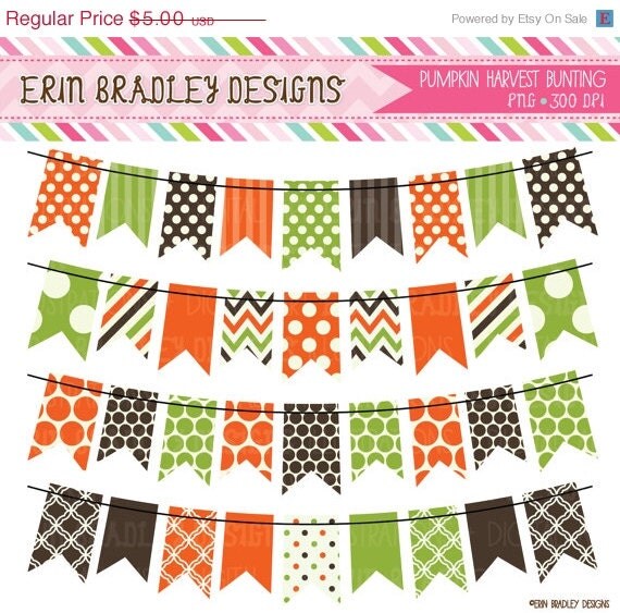 50% OFF SALE Pumpkin Harvest Bunting Clipart Fall Banner Flag Clip Art Set Orange Green and Brown Personal & Commercial Use Il_570xn