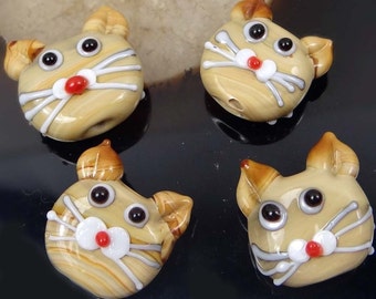 Lampwork Handmade Glass Beige Cat Head Beads (4) (L1162)