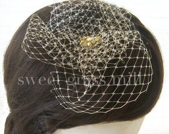 Veil Fascinator - Champagne or Ivory Birdcage Jewel Fascinator "Piccadilly"