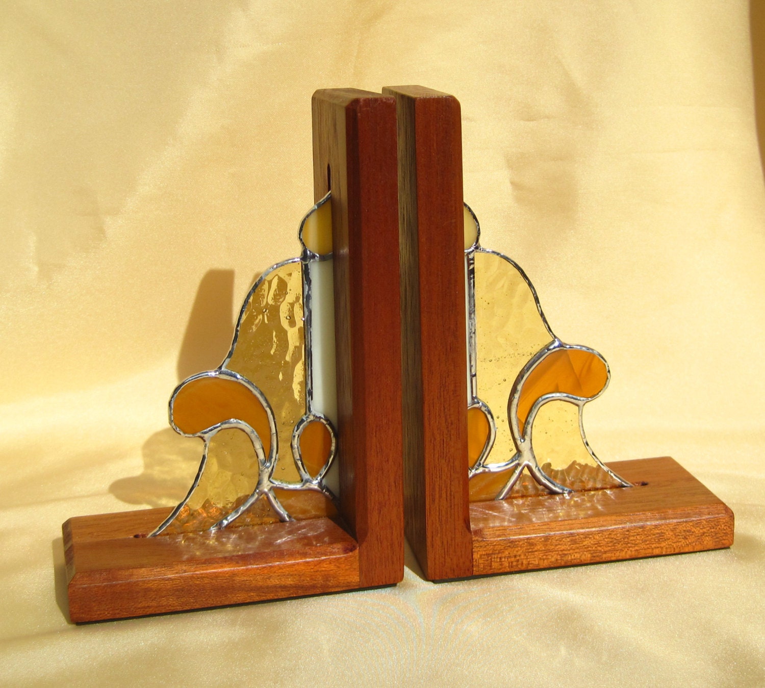 Golden Stained Glass And Mahogany Bookends By Hobbymakers On Etsy