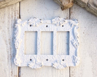 Metal Wall Decor, Light Switch Cover, Triple Rocker Switch Plate, Light, Heirloom Creamy White, STYLE 113