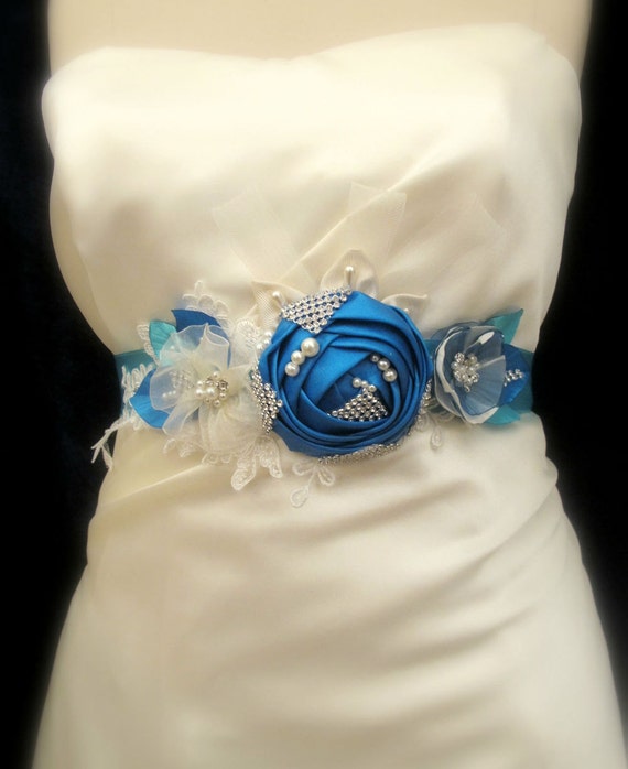 Turquoise Blue Flower Bridal Belt Wedding Sash By Gebridal