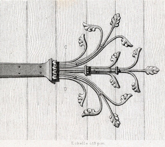 1880 French Antique Engraving of Decorative and Architectural Metalwork. Cast-iron Hinges. Plate 44