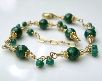 Emerald Bracelet, 14k Gold Filled, Natural Gemstone, Genuine Emerald Stone, Chain and Link, May Birthday Birthstone Jewelry Ready to Ship