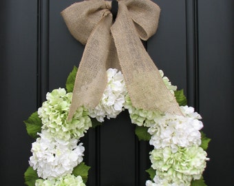 Hydrangea Wreaths, Wreath, Green Hydrangeas, Summer Hydrangeas, Cream Ribbon Bows, Seasonal Hydrangeas, Front Door Wreaths