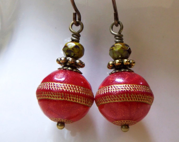 Red Earrings Vintage Red Gold Round Beads Sparkle Gold Shimmer Holiday Earrings Mossy Green Rustic Stones Woodland Bohemian Earrings