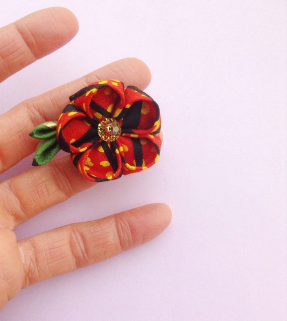 Men's Lapel Flower Pin: Red African Cotton Kanzashi Includes Shipping to US