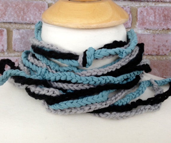 Layered Knotted Skinny Scarf with Handmade T-Shirt Yarn Black Silver Gray Blue