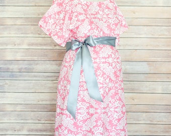 Pink Damask Maternity Hospital Delivery Gown -Super Soft -Perfect Snaps for Breastfeeding, Skin to Skin, and Epidural