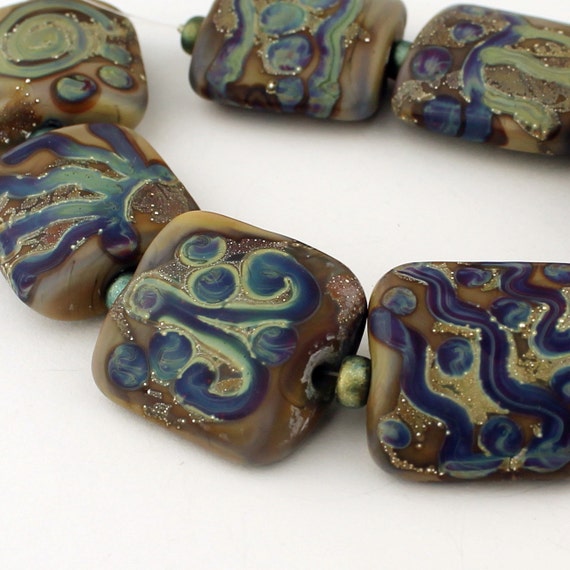 Lampwork Glass Bead Set - Nugget Shape Blue Green Brown Silver Etched 'Tribal Designs'