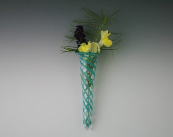 Wall Pocket - Blown Glass Wall Vase - Wall Sconce - Hanging Vase - Turquoise Lampwork Flower Bud Vase