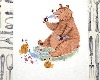 Salmon And Bear Illustration Print 5x7