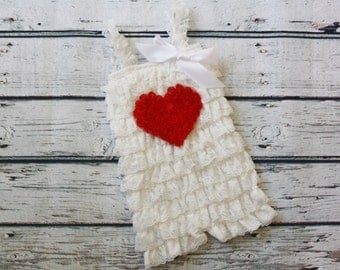 White Petti Romper with Heart-Petti Romper with Heart- Red Baby Petti Romper- Pink Toddler Petti Romper-Girls Petti Romper