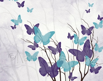 Butterfly Wall Art Print, Aqua Blue and Purple Girls Decor, 8 x 10 Living Room Art, Flying Butterfly Decor for Home (356)