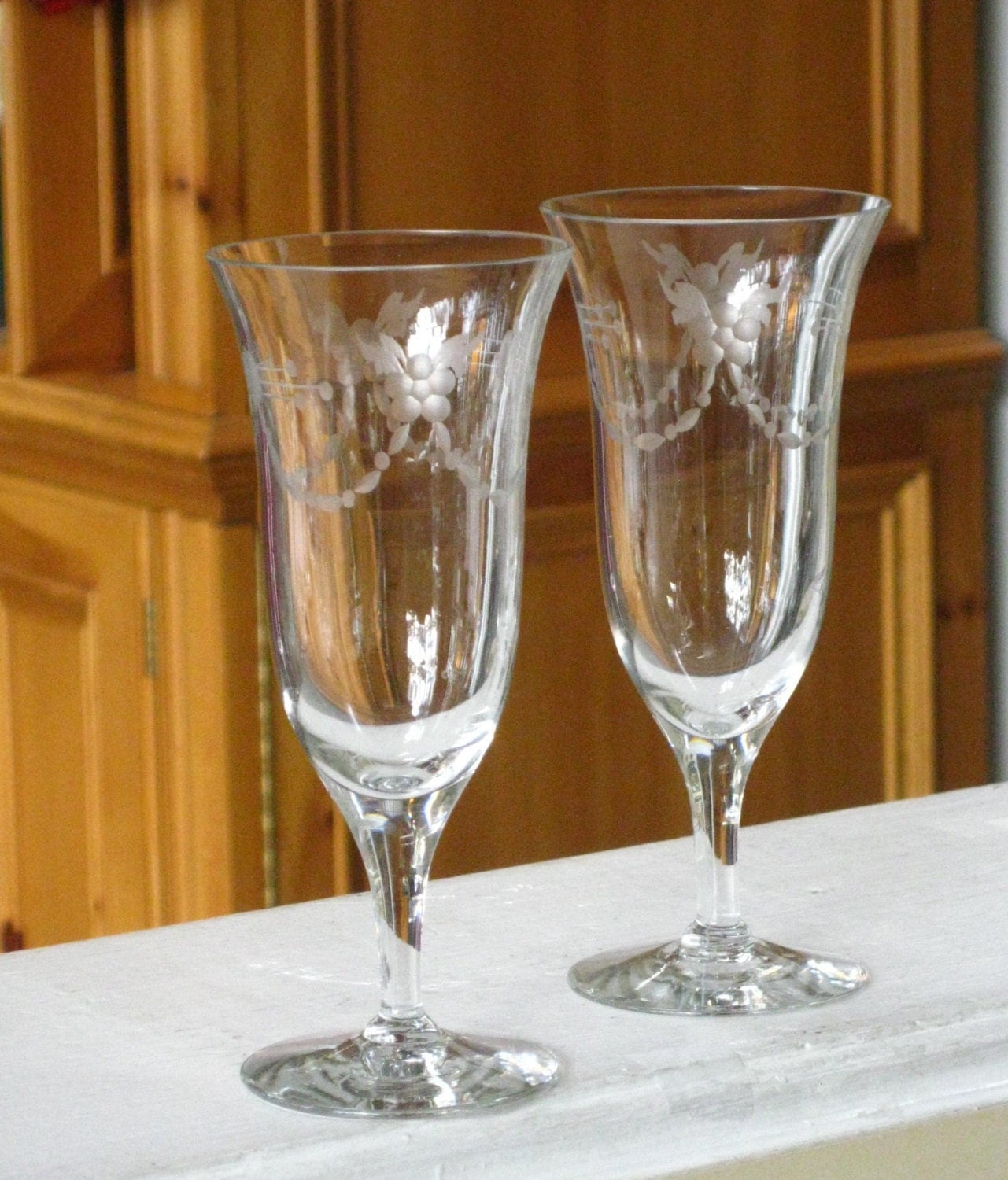 Vintage Etched Parfait Stem Glasses Set of Two Halllmarked