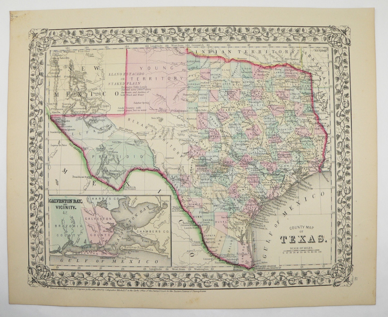 Antique Texas Map Original 1871 Mitchell Map by OldMapsandPrints