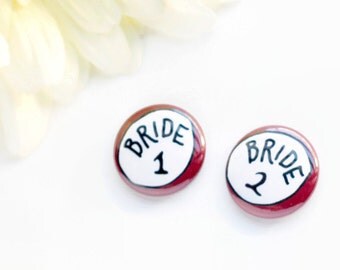Lesbian Wedding Pinback Buttons Bride Badges Two One Inch Two Brides LGBT Gay Marriage Whimsical Engagement Gift