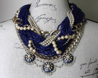 Royal Blue & Pearl MultiStrand Statement Necklace featuring Rhinestones, Chunky Gold Chains and Kramer of NY Necklace - by Boutique Bijou
