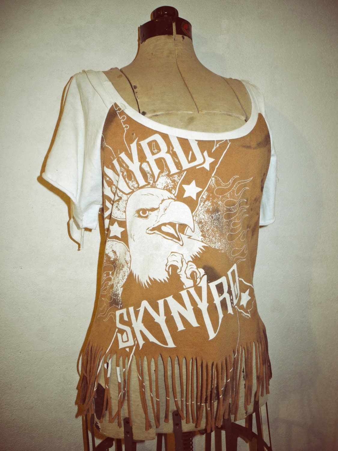 Lynyrd Skynyrd Bleached Distressed Oversize Raglan Fringe Tee