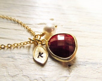 January Birthstone Necklace, Garnet Necklace, Gold Leaf Initial, Jewel, Pearl, Gold Birthstone Jewelry, January Birthday, Garnet Jewelry