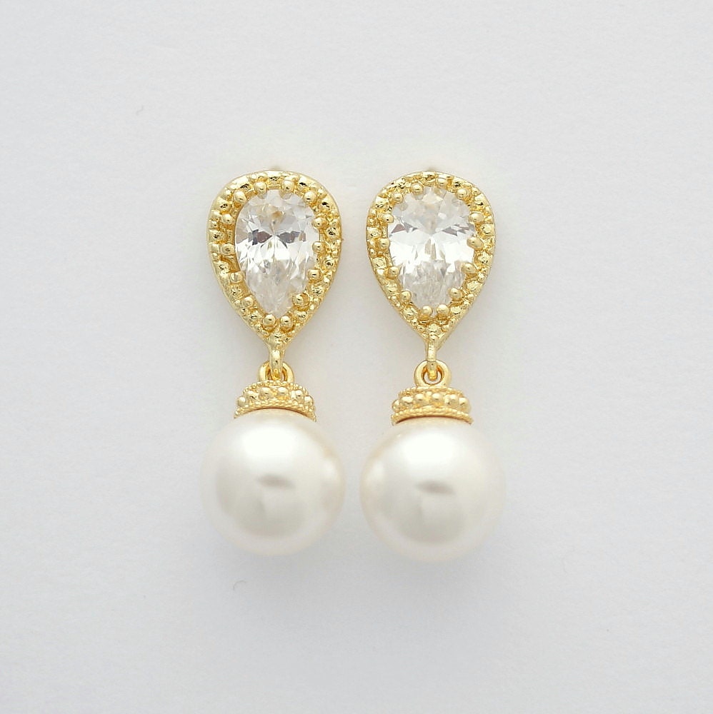 Gold Pearl Drop Bridal Earrings Cubic Zirconia by poetryjewelry