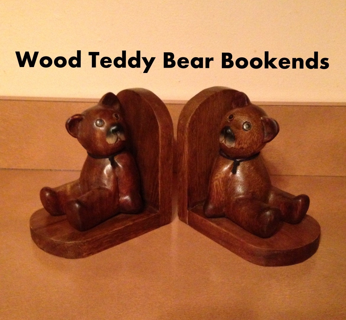 Teddy Bear Bookends Wood Vintage 1980's