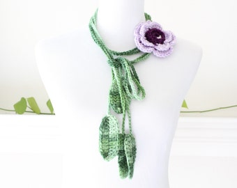 Purple and Green Lariat Scarf, Necklace, Scarflette