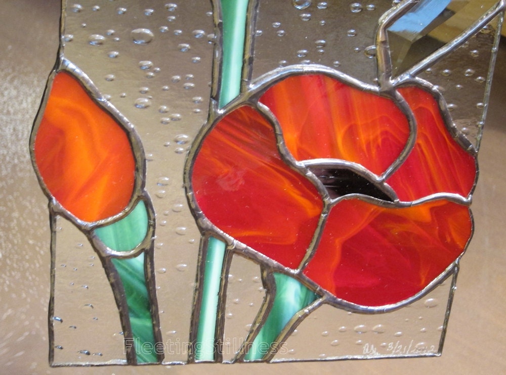 Poppies Stained Glass Suncatcher Panel Red Poppy Handmade Ooak 