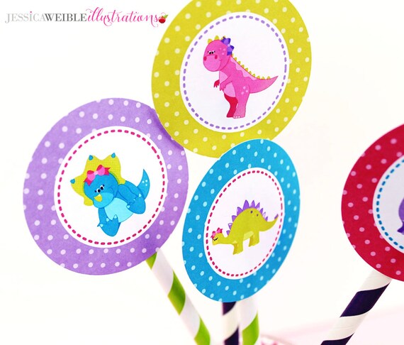 Girly Dinosaurs Theme - Printable Party Tags - Cupake Toppers - Printable Party Favors - Dinosaur Party Printables Il_570xn