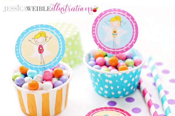 Gymnastic Stick Figures Printable 2 inch Circles, Cupcake Toppers, Gymnastics Party Printable Circle Tags Il_570xn