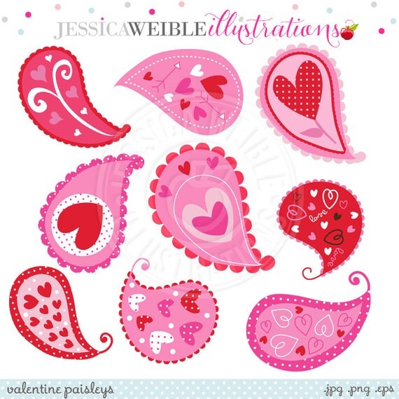 Valentine Paisleys Cute Digital Clipart - Commercial Use OK - Red Pink Paisley Valentine Clipart, Valentine Graphics, Valentine Design Il_570xn