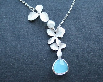 Orchid Necklace, Blue Stone Necklace, Sterling Silver, Orchids, Blue Jewel Necklace, Wedding Jewelr, Bridesmaid Gifts, Birthstone Necklace