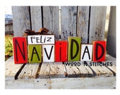 Feliz Navidad Christmas winter seasonal decor wood block set personalized sign gift Spanish