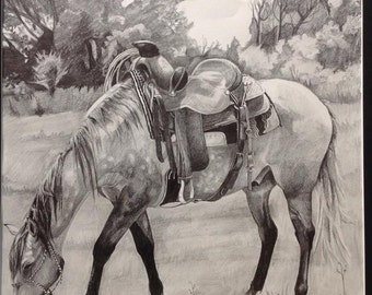 Items similar to Cowboy boot riding horse pencil drawing print on Etsy