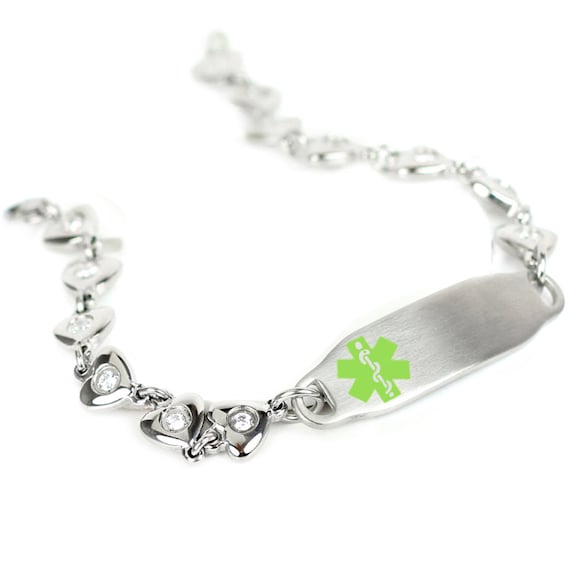 Steel Heart Medical Alert Bracelet Steel ID CZ stone Lime
