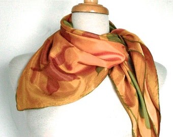Vintage Floral 1970s Scarf // 60s 70s Square Scarf // Yellow Orange Green Flowers // Nature