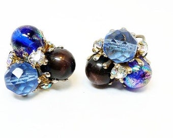 Vintage Blue Bead Earrings - Signed Vogue Clip ons - Art Glass Jewellery