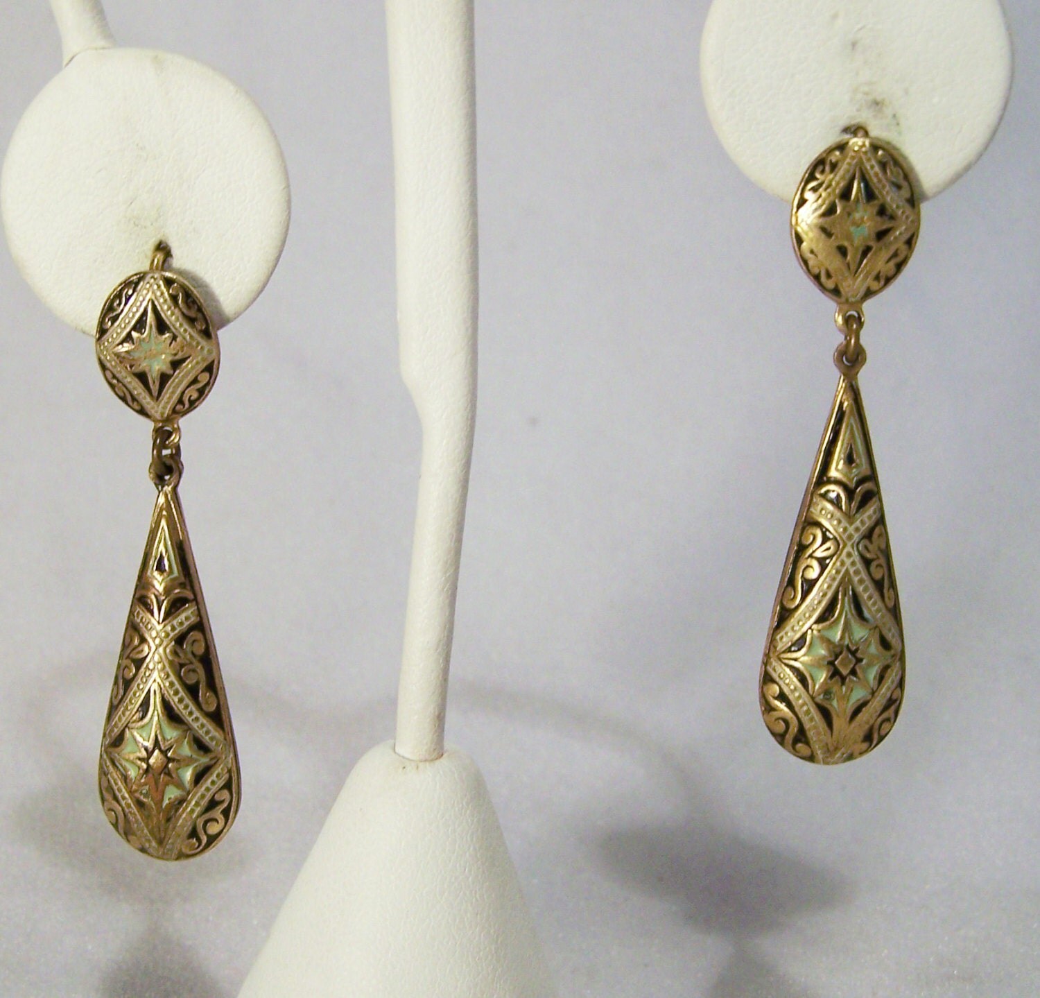 Vintage Damascene Long Dangle Pierced Earrings Gold Tone Spain