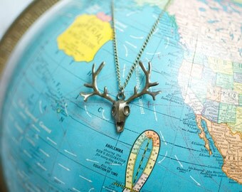 Deer head necklace // deer antler necklace // antler charm // deer skull charm // deer hunter // bronze antler // bronze deer // gold deer