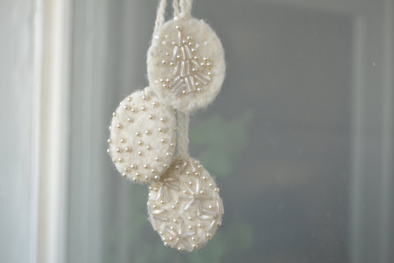 3 Wool Felt White Christmas Ornaments with Mixed Pearly Beads - Whimsical Winter Decoration - Gift Idea - FREE SHIPPING