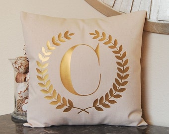 Metallic Gold Pillow - Monogram Pillow - Hostess Gift - Dorm Decor - Wreath - Personalized Pillow - Metallic Pillow - Decorative Pillow