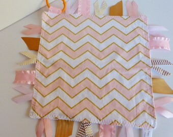 Ribbon Sensory Baby Girl- Glitz Pink and Gold Chevron with white minky - Ready to ship