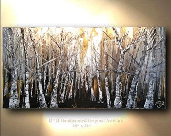 Original Painting Rustic Wall decor Brown Gold Tan White Birch Aspen Tree Landscape Abstract Canvas Panel Texture Artwork Fine art OTO