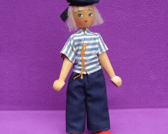 Vintage 1950s or 1960s Polish Posable Wooden Peg Sailor Doll with Original Clothing and Sticker!