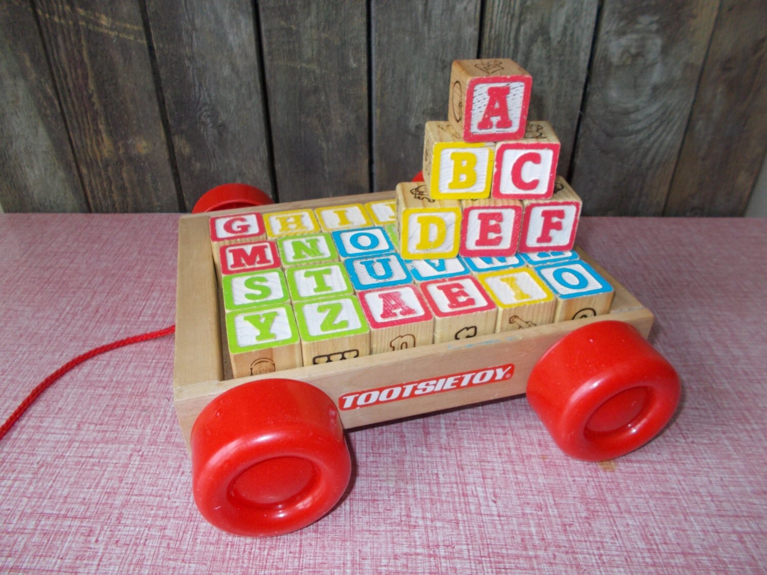 Tootsietoy Wooden Alphabet Blocks and Pull Wagon