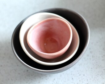 Mini Nesting Bowls - Charcoal, White, Salmon - set of 3 - Pottery Bowls - Stacking prep bowls