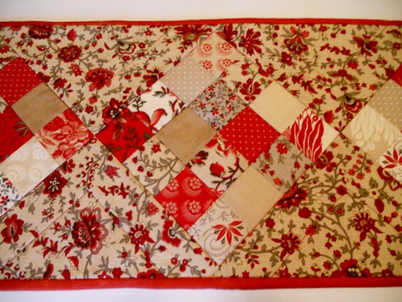 christmas Table table French Christmas  Runner,  Table  Quilted runner burgundy Reproduction, Holiday